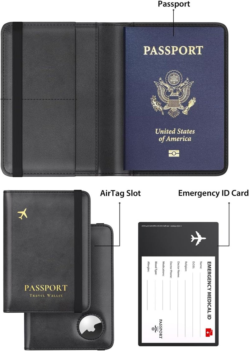 Stouchi حامل جواز سفر AirTag، حامل جواز سفر نحيف للعائلة مع فتحة AirTag، غلاف جواز سفر RFID للرجال، حقيبة جواز سفر من جلد PU، ملحقات سفر مضادة للفقد، أسود - Image 2